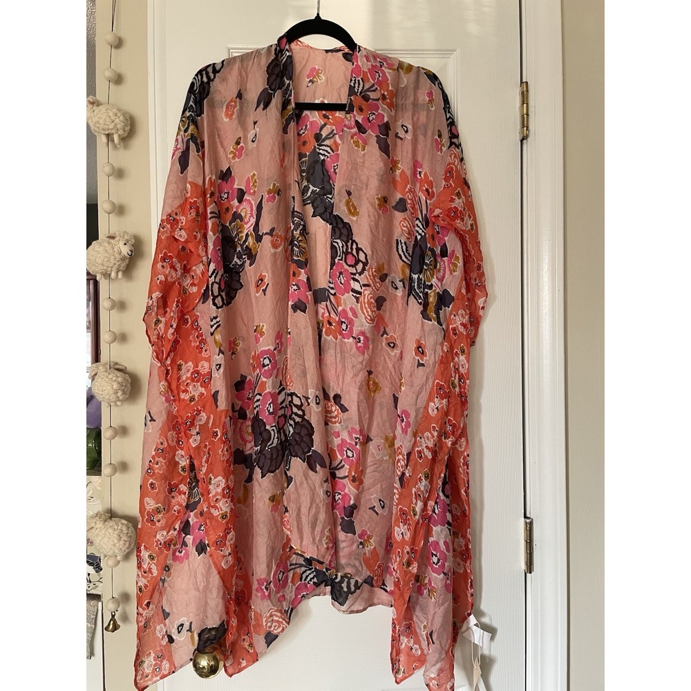 Moss Rose Kimono Cardigan Open Front Pink Multicolor Floral Sz OS Boho